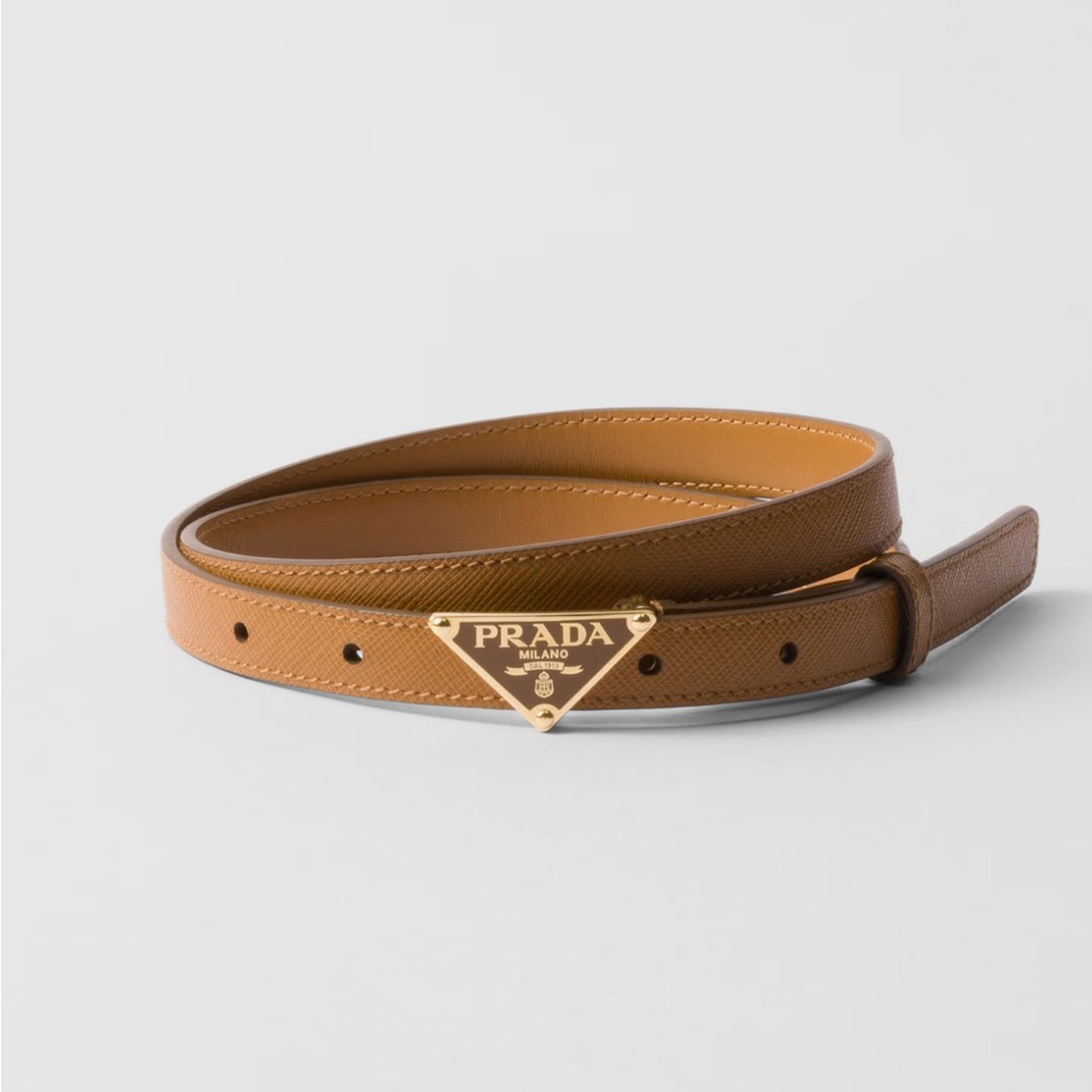 Prada Brown Tan Leather Triangle Logo Skinny Belt